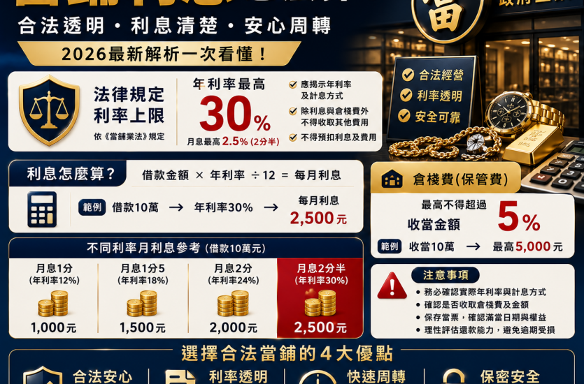 當鋪利息怎麼算？2026當鋪利率上限、月息與倉棧費完整解析｜大眾理財