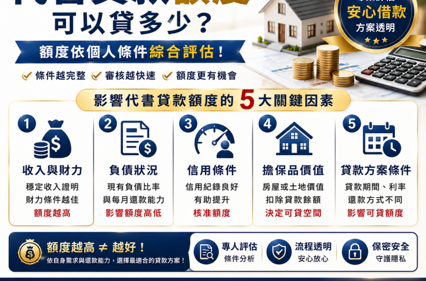 代書貸款額度有多少？2026額度評估與5大影響因素｜大眾理財