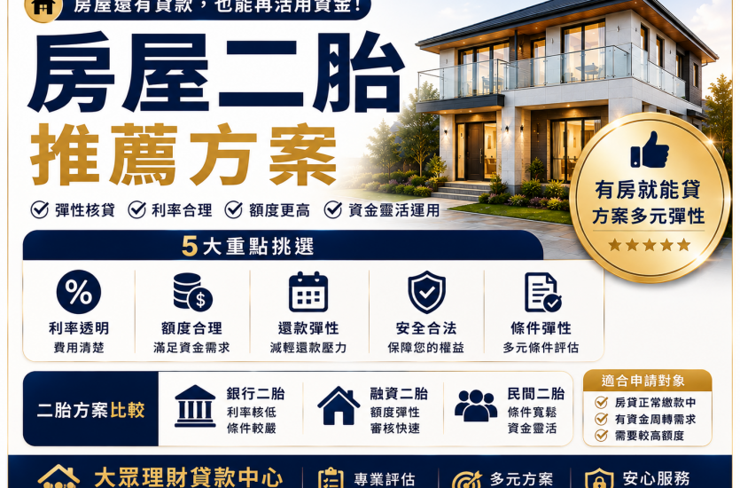 房屋二胎推薦｜2026二胎房貸哪家好？5大挑選重點與方案比較｜大眾理財