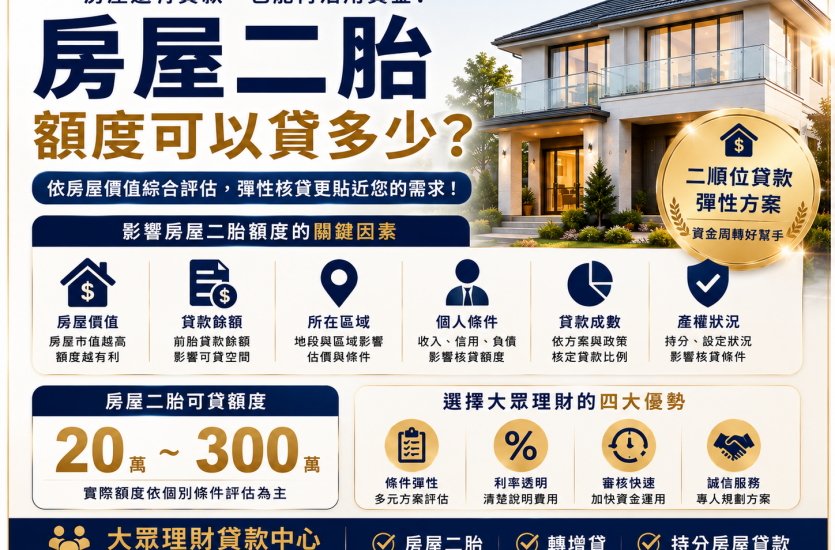 房屋二胎額度可以貸多少？2026二胎房貸額度與試算方式｜大眾理財