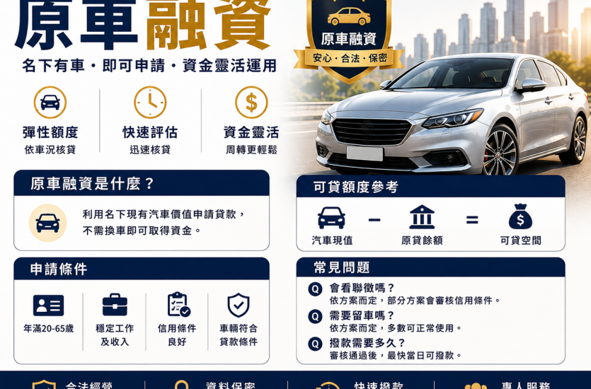 原車融資是什麼？2026額度、利率、條件與申請方式｜大眾理財
