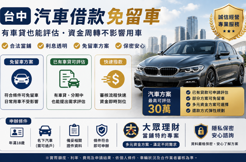 台中汽車借款免留車｜有車貸也能評估？汽車借款條件、額度一次看