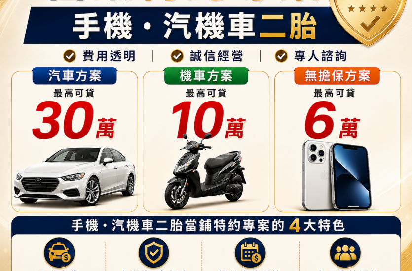手機、汽機車二胎當鋪特約專案｜汽車最高30萬、機車10萬、無擔保6萬