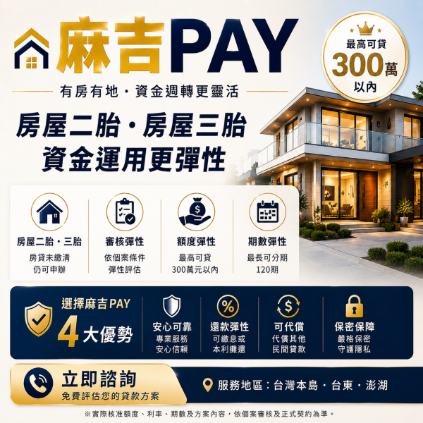 麻吉PAY房屋二胎、三胎貸款｜額度300萬、最長120期，申請條件一次看
