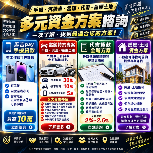 手機・汽機車・當鋪・代書・房屋土地 全方位資金服務｜一次了解多元資金方案